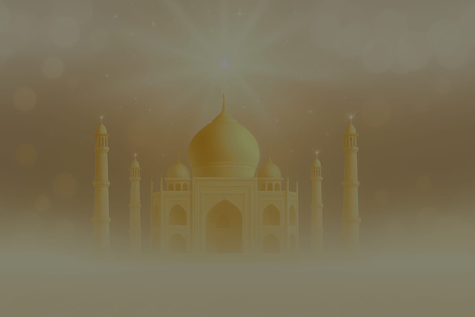 Golden Taj Mahal monument with a large golden dome and minarets, glowing with bright golden light and sparkles, surrounded by a golden mist and bokeh light effects in the background